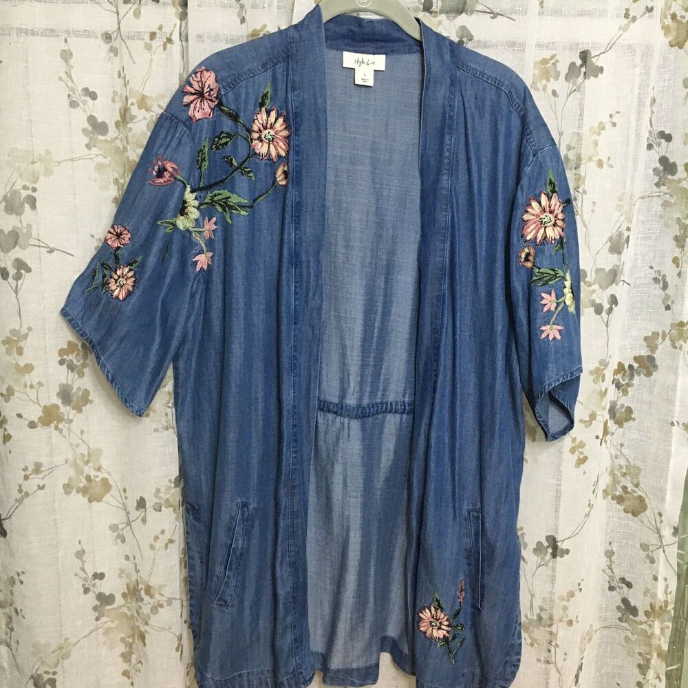 Style & Co Embroidered Chambray Kimono L Open Front  Boho Cottagecore Festival - Picture 3 of 16